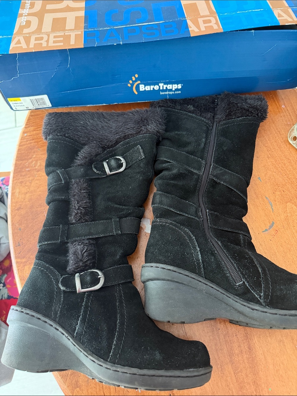 BareTraps Black Suede Wedge Boots with Faux Fur Trim
